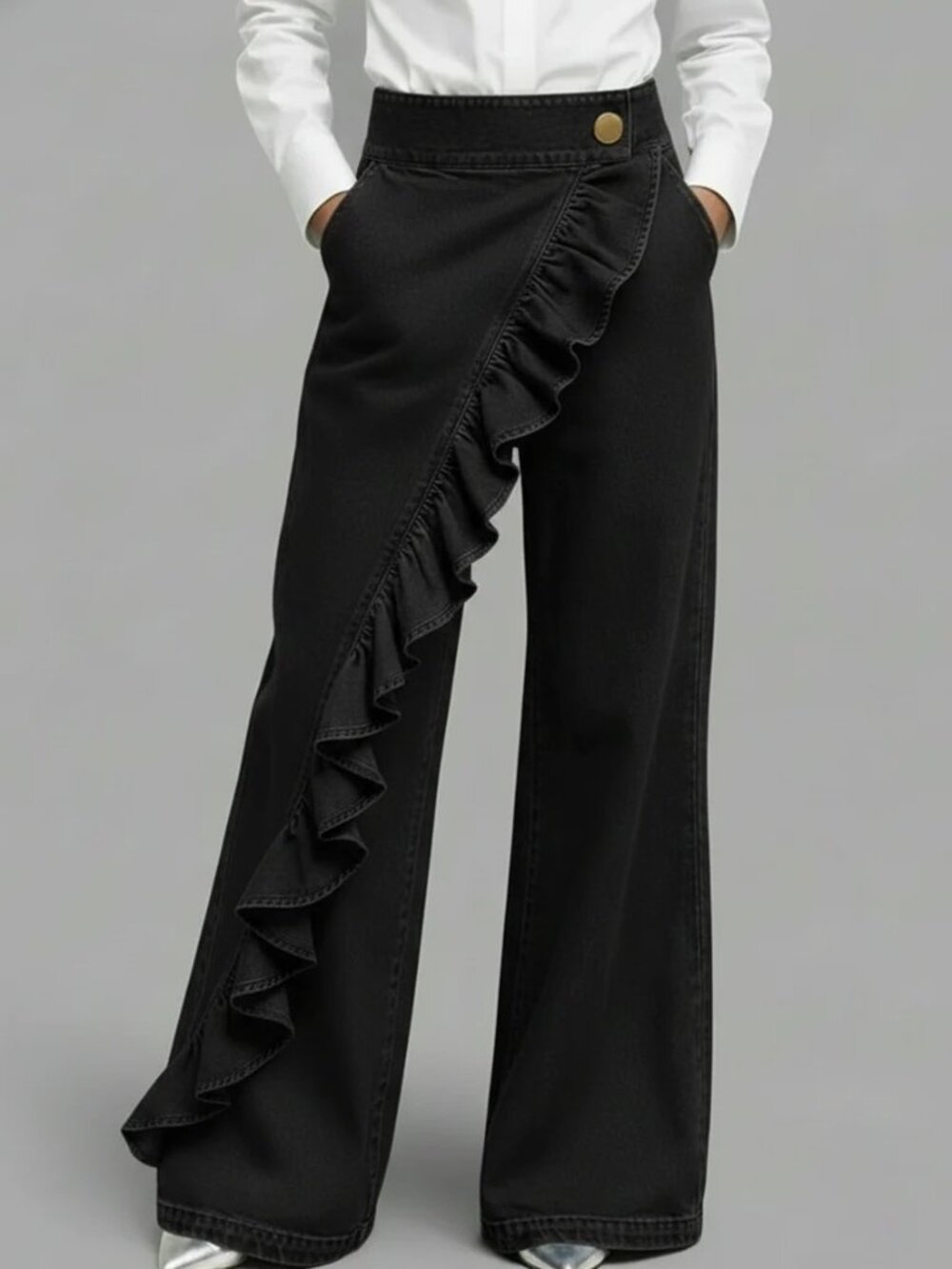 Flutter Accent High-Rise Wide-Leg Denim Pants (BLACK)